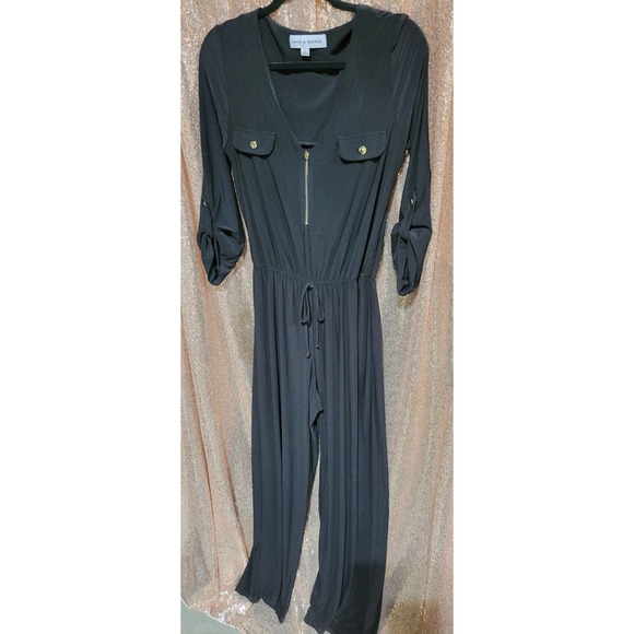 Emma & Michele Black 3/4 sleeve Jumpsuit. Gold button Hardware. Size Small. V-ne - Picture 7 of 9
